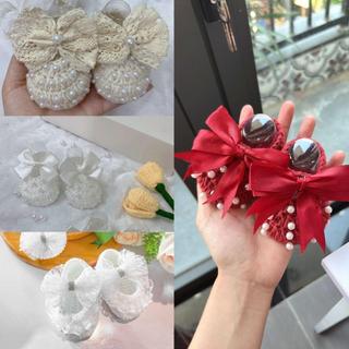 Giày len nơ đính ngọc phối ren cho bé . Giày sơ sinh cho bé gái