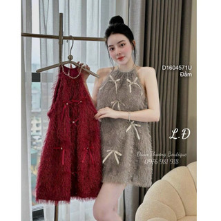 Đầm kiểu 2 dây xòe tà đính dây đá ngực phối lông vũ! TOMBI SHOP