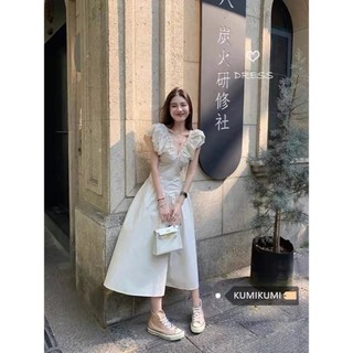 (ORDER) Váy cổ V tay nhăn thon eo kiểu Pháp xòe dài điệu đà tiểu thư vintage cổ điển sang trọng hàng Quảng Châu loại 1