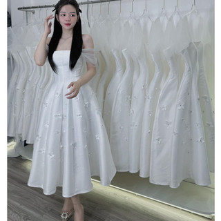 ĐẦM NỮ TRẮNG TAY LƯỚI GHÉP MẢNH ĐÍNH HOA AMITY DRESS
