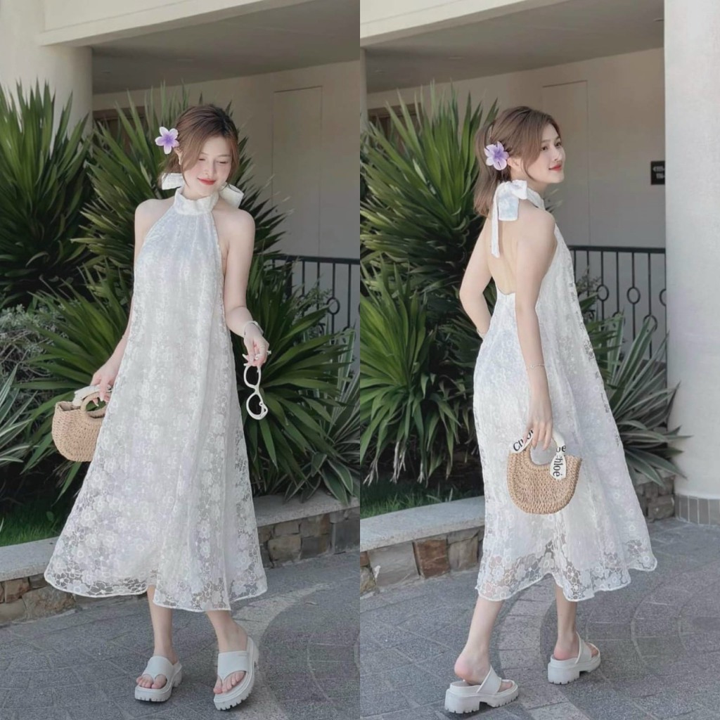 Đầm váy nữ cổ cột dây yếm họa tiết hở lưng quyến dũ dáng dài xuông maxi phối ren hoa thêu sang chảnh đi biển