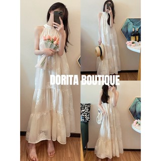 Váy maxi cổ yếm đi biển voan hoa thêu nơ sau siêu xinh dorita boutique