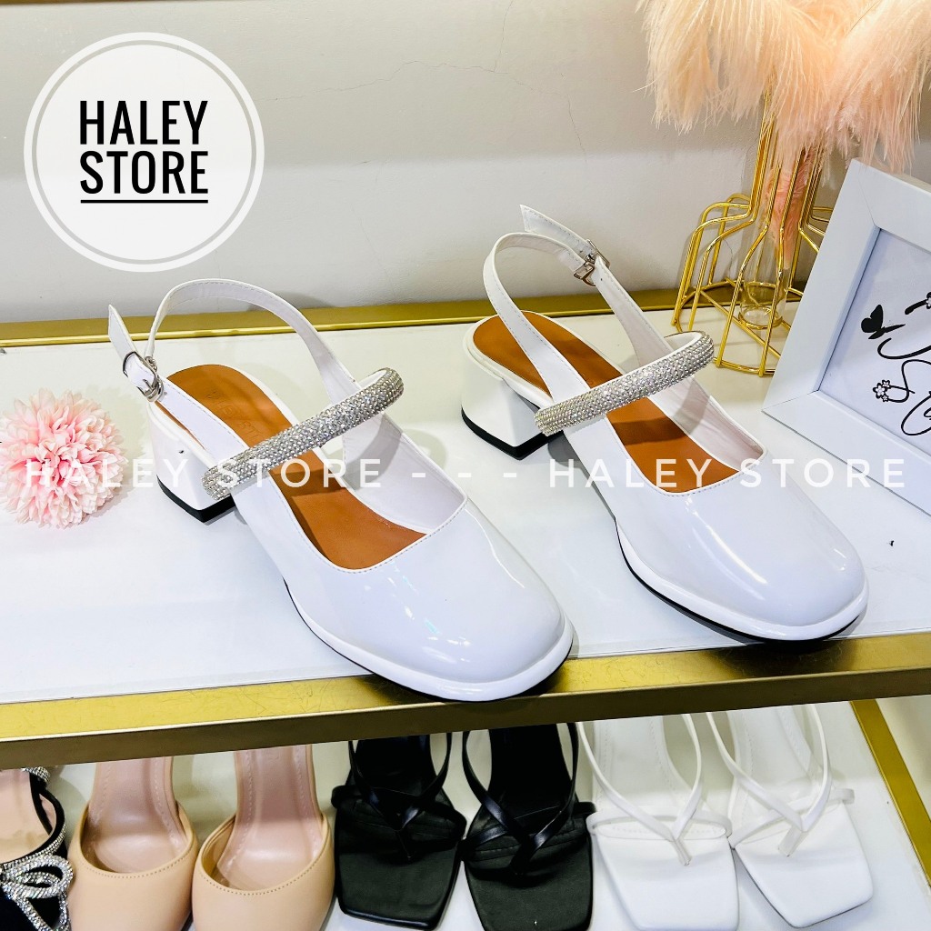 Giày búp bê marry xoàn HALEY STORE gót vuông 5p quai ngang đính đá xoàn tiểu thư công chúa cổ điển v