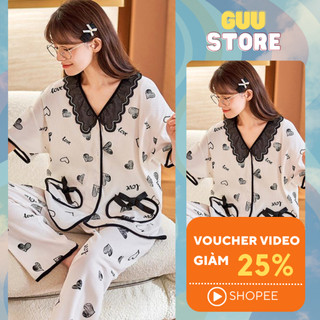 Đồ bộ mặc nhà quần dài - bộ ngủ mặc nhà quần dài áo cộc form rộng dễ thương guu dn25