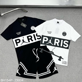 Bộ Đồ Cộc Nam Mặc Hè JD In Vạch Chữ Paris Ngang Áo Logo PSG Jumpman Phối Quần Thêu Sọc Viền Cho Các Boy Phố