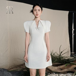 RẬP - Đầm Cổ V Cài Nơ Đá Tay Ngắn Thân Xoè - HYATT 06