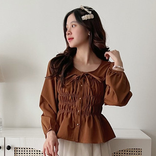 Áo sơ mi nữ dài tay A.545, Áo sơ mi dài tay cổ tròn nhún eo cột nơ ngực bánh bèo - Shop Chấm Bi
