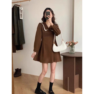 [XẢ HÀNG] Váy nữ dài tay V.172, Váy nhung cổ sen dáng vừa tay dài cột nơ eo nữ tính 3 màu basic - Shop Chấm Bi