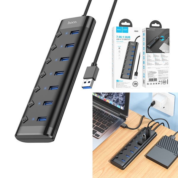 Bộ HUB chuyển USB ra 7 cổng USB Hoco HB40 cổng ra 3.0, dây dài 0.5m, có cổng tắc từng cổng