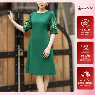 SWANLAKE | Đầm Trung Niên Thêu Họa Tiết Tay Phồng Vải Linen Cao Cấp Có Túi Tôn Dáng Thanh Lịch Sang Trọng - D10185LW02