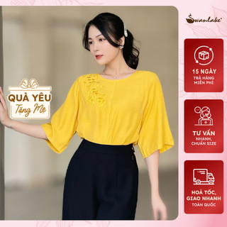 SWANLAKE | Áo Kiểu Nữ Trung Niên Thêu Tiệp Màu Cổ Tròn Tay Lỡ 3/4 Xòe Vải Lụa Xược Mềm Phom Rộng Nhiều Màu - A10514LW12
