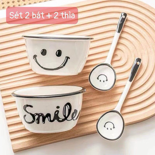 Set 2 bát kèm 2 thìa mặt cười, set 2 bát sứ kute cho bé