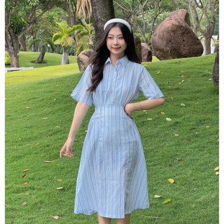 Váy sơ mi dáng dài nữ đầm công sở lokosa chất linen sọc dáng dài basic đơn giản sơ mi màu hồng vd002