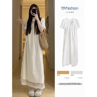 (ORDER) Váy MORAN màu trắng thô suông xòe dài phối ren 2 tầng cộc tay cổ khoét đơn giản vintage mùa hè hàng QC l
