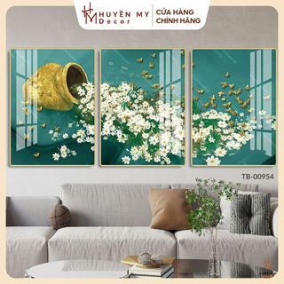 Bộ 3 Tranh Bình Hoa Tráng Gương,Chim Công,Viền Composite,Trang Trí Phòng Khách,Phòng Ngủ,Cửa Hàng,Spa - Huyền My Decor