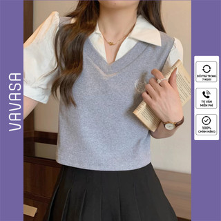 Áo thun nữ phối cổ sơ mi tay bồng VAVASA SM171