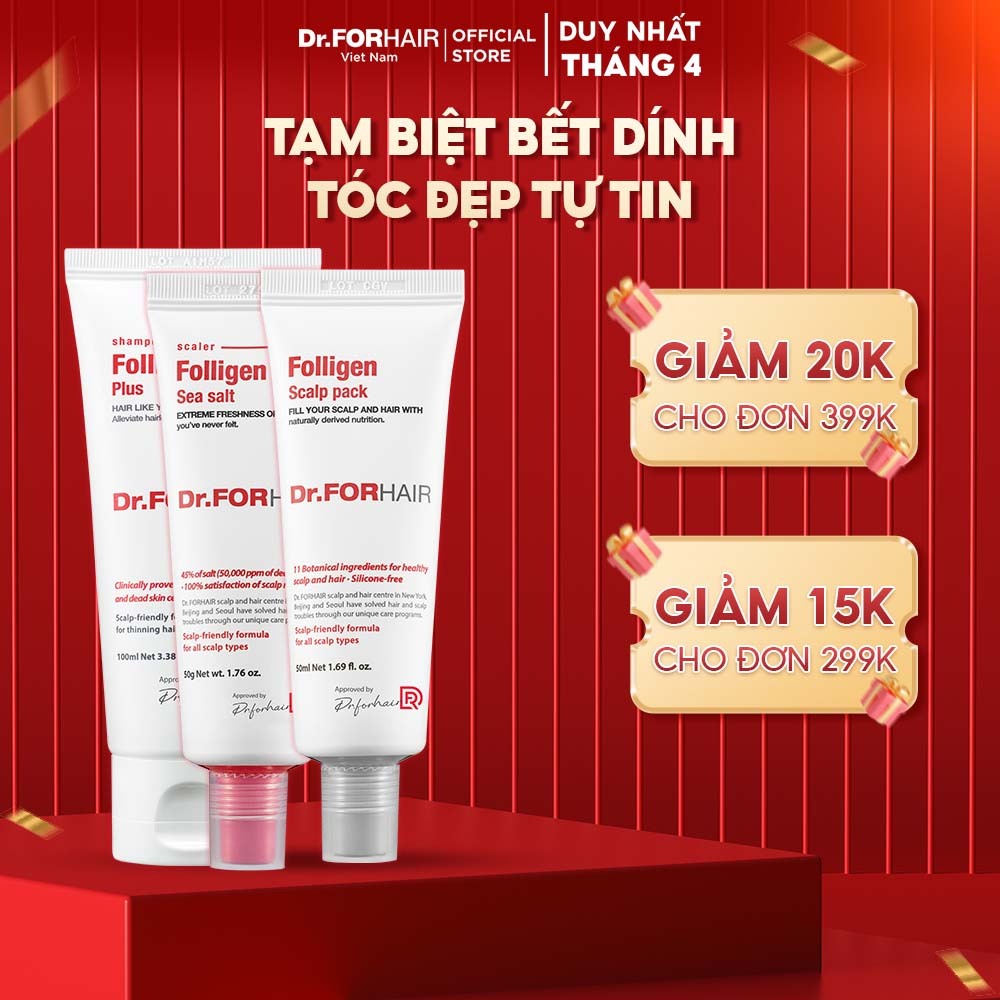 Bộ gội xả mini giúp SẠCH GÀU, giảm rụng và suôn mượt tóc của Dr.FORHAIR: Folligen Plus x Scalp Pack x Sea Salt Scaler