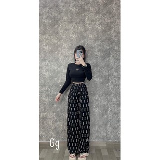 Set áo thun tay dài croptop khóa chữ D phối quần suông dài lưng thun có túi họa tiết chữ YLS form 38-54kg