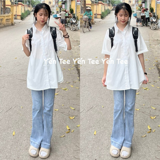 Áo sơ mi trắng trơn , sơ mi đi học , sơ mi nữ from rộng , chất mát Yến Tee