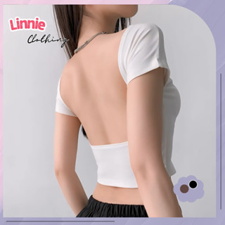 Áo croptop nữ hở lưng có mút ngực Linnie áo ngắn tay cổ tròn ôm body tôn dáng vải cotton dày dặn C16