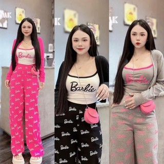 Set 3 món Barbie áo hai dây viền màu phối quần suông dài có túi in chữ kèm khoác 3 màu đen, xám, hồng form 38-56kg