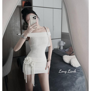 Set đầm body trễ vai slay, chân váy hoa nổi chất ren lông a7