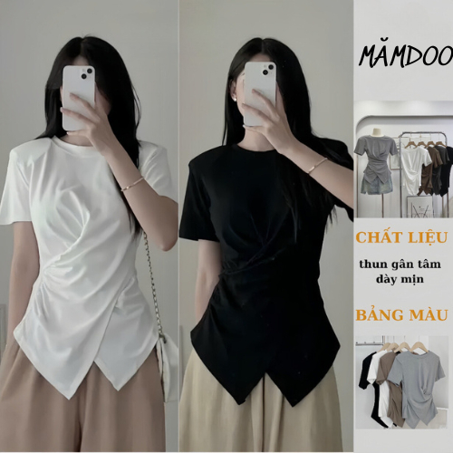 Áo Thun Nữ Xoắn Eo Tay Ngắn VẠT NHỌN VẮT CHÉO, Áo Thun Cổ Tròn Chất Thun Gân Co Dãn Ôm Body, Áo Kiểu Nữ MĂMDOO