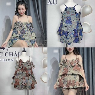 Set gấm bố gấu hoa Teddy áo hai dây tầng phối nơ + quần đùi lưng thun có túi 2 màu xanh, nâu form 38-53kg