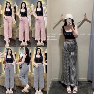 Set áo thun ba lỗ croptop phối quần suông dài caro lưng thun có túi ống bèo 2 màu hồng, đen form 40-56kg 