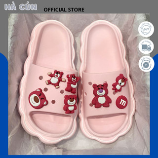 Dép bánh mì nữ đính sticker Gấu dâu, dép nữ quai ngang bánh mì hoạt hình dễ thương SPN29