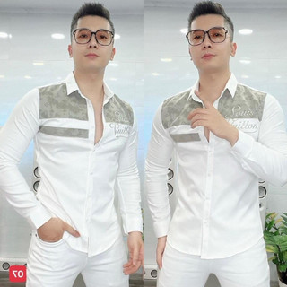 Áo Sơ Mi Nam Dài Tay Lụa Thái phối Họa Tiết Xám Chìm Mới