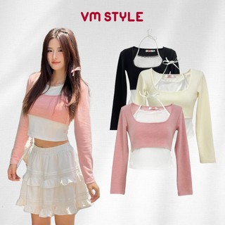 Áo kiểu nữ VMSTYLE croptop tay dài cổ yếm phối ren 2 lớp pastel dễ thương đi biển, đi chơi ASU00550