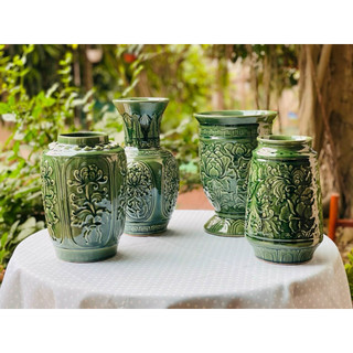 Lọ hoa Khắc nổi men ngọc lưu ly Bát Tràng- Bình Trang Trí- Lọ hoa đẹp- Lọ cắm hoa -Decor Home