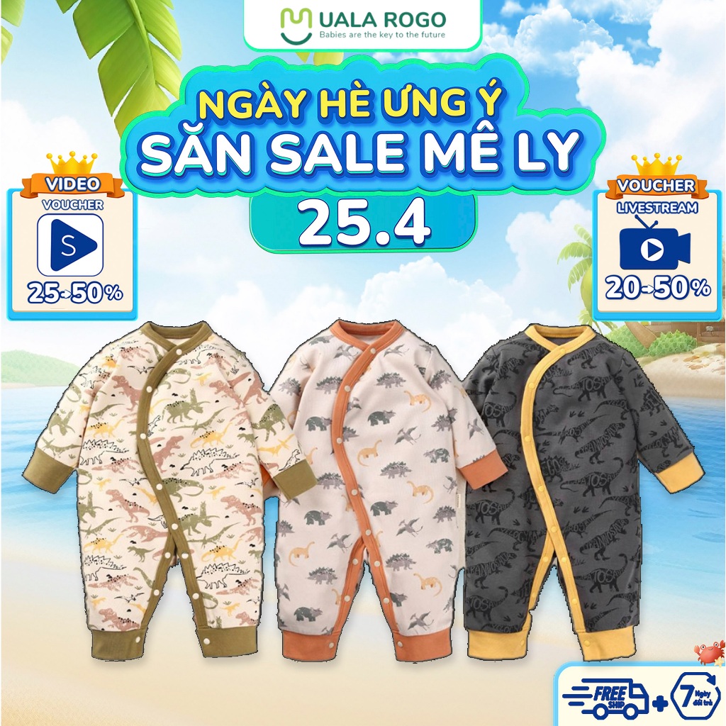 Bodysuit sơ sinh cho bé Ualarogo 0 - 12 tháng vải Cotton nỉ cài chéo dài tay ấm áo thoáng khi 3667