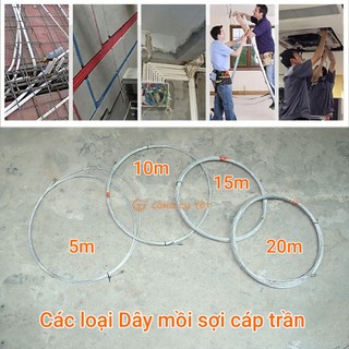 Dây mồi luồn ống sợi cáp trần 4mm đầu có bánh xe trợ đẩy - Dây mồi cáp lụa luồn dây điện trong ống gen kích thước 5-30m