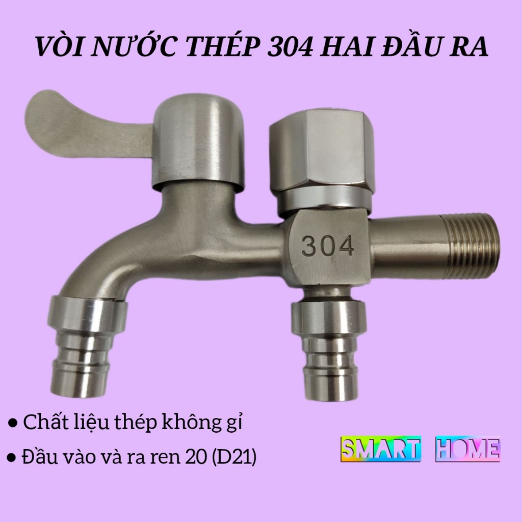 Vòi Nước Thép 304 Chia 2 Đầu Ra Độc Lập Tiện Dụng - Vòi Nước 2 Đầu Cho Máy Giặt Chia Nước Thành 2 Cổ