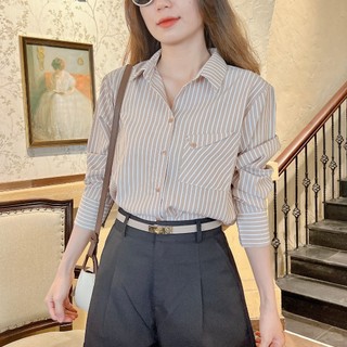 Áo sơ mi kẻ sọc vừa túi lật tông màu thanh lịch freesize form rộng vừa, sơ mi nữ công sở chất liệu cotton