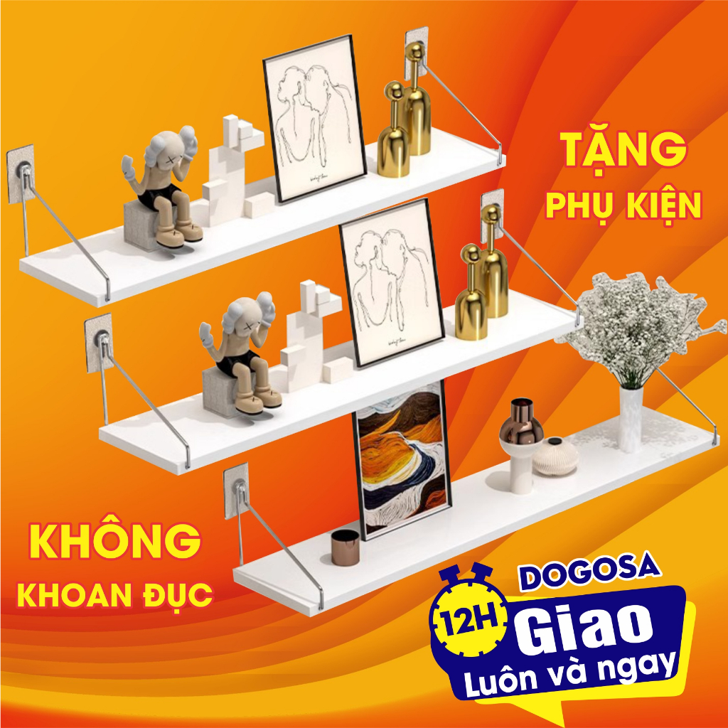 Kệ trang trí treo tường không cần khoan, thanh ngang gỗ để đồ combo 3 cái giá rẻ kèm phụ kiện