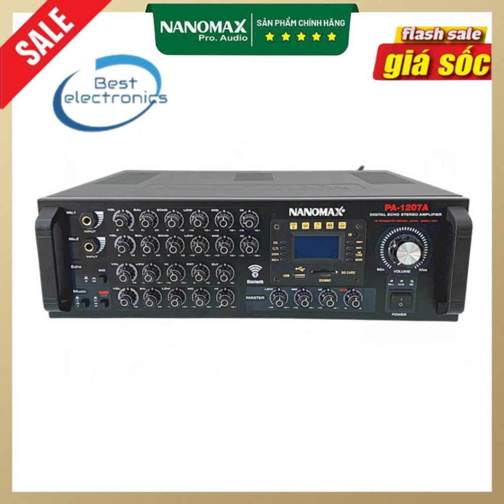 Amply Nanomax PA-1207A 16 Transistor Kết Nối Bluetooth USB Thẻ Nhớ Công Suất 850W Hàng Chính Hãng