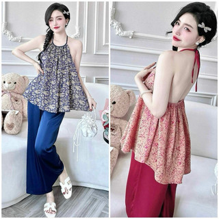 Đồ ngủ sexy set đồ bộ pyjama áo yếm gấm cột dây kèm quần dài lụa latin cao cấp đồ ngủ gợi cảm shopkieu_95