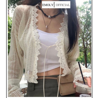 Áo khoác ren, áo croptop mỏng dài tay viền ren phối dây buộc thời trang đi biển mùa hè