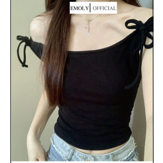 Áo trễ vai nữ, áo hai dây croptop có mút ngực dáng ôm phối dây nơ buộc vai xinh xắn