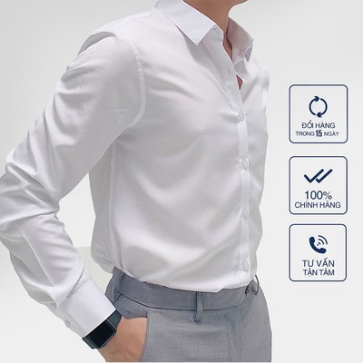 Áo sơ mi trắng nam AKUBA tay dài đi học, đi làm, vải lụa không nhăn, thấm hút mồ hôi tốt 01AB2044