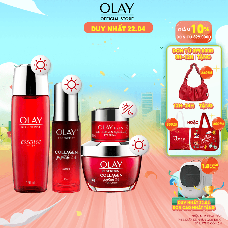 Combo 4: Kem Dưỡng Ẩm + Kem Dưỡng Mắt + Serum + Essence OLAY (50G + 15ML + 30ML +150ML)