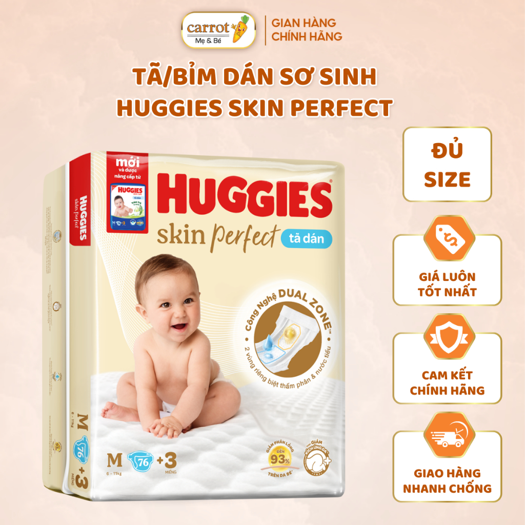 Bỉm Tả Dán Huggies Dán Sơ Sinh Huggies Skin Với 2 Vùng Thấm Giảm Kích Ứng Da