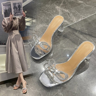 Dép cao gót trong suốt đính nơ giả kim cương 7-9cm - Guốc cao gót trong suốt pha lê gắn nơ lấp lánh blingl