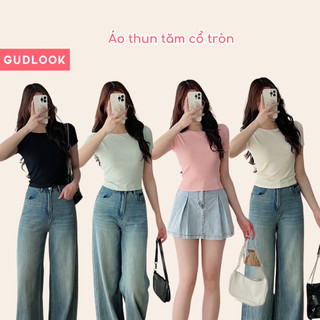 Áo Thun Tăm Cộc Tay Nữ GUDLOOK Cổ Tròn Form Ôm Chất Mát