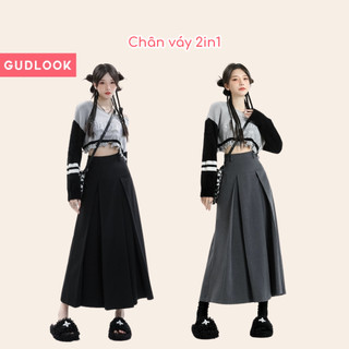Chân Váy Midi Xếp Ly 2 Mặt GUDLOOK Đảo Mặt Theo Sở Thích Dễ Phối Đồ 2 Màu Đen Ghi