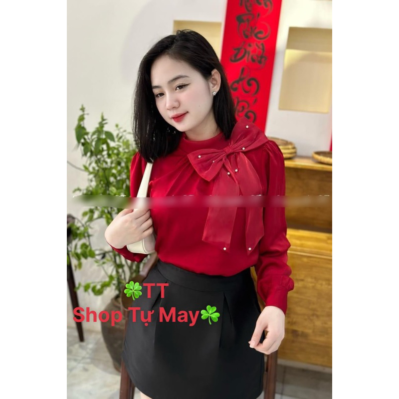 ÁO KIỂU CÔNG SỞ CỔ CAO DÚN NƠ BÊN DỂ THƯƠNG TAY DÀI CHẤT VẢI MANGO MỀM MÁT MG0077