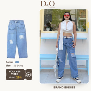 Quần Jeans Nữ Bigsize 55-85kg Dáng Dài Quần Ống Rộng Phối Túi Hộp Màu Xanh Wash Rách 3256 Không Giãn Dài 105cm